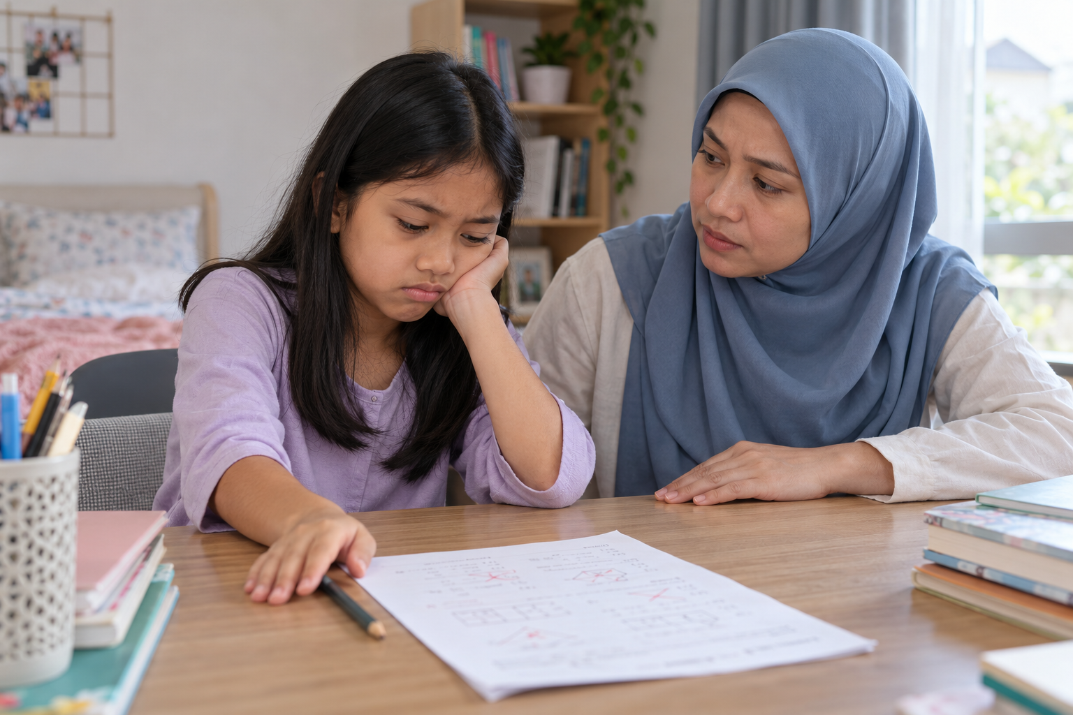 Ilustrasi AI anak menolak lembaran latihan dengan wajah kecewa sementara ibu mendampingi