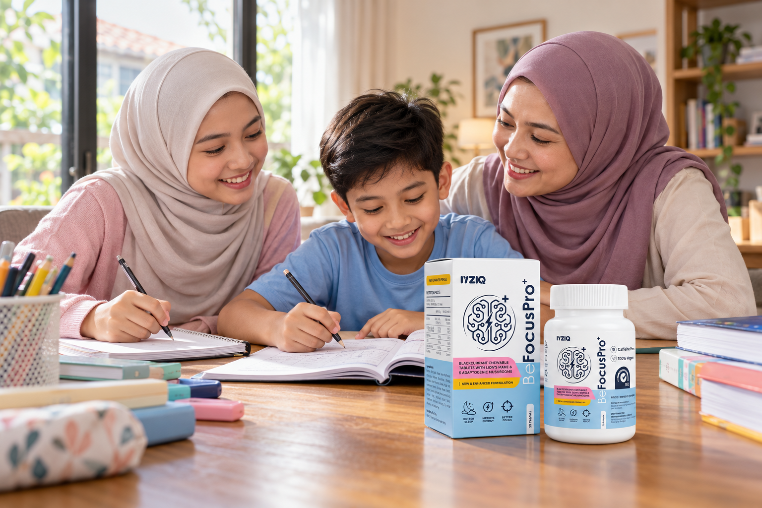 Visual ibu bersama anak perempuan remaja dan anak lelaki kecil berpakaian kasual, dengan BeFocusPro+ di depan meja belajar