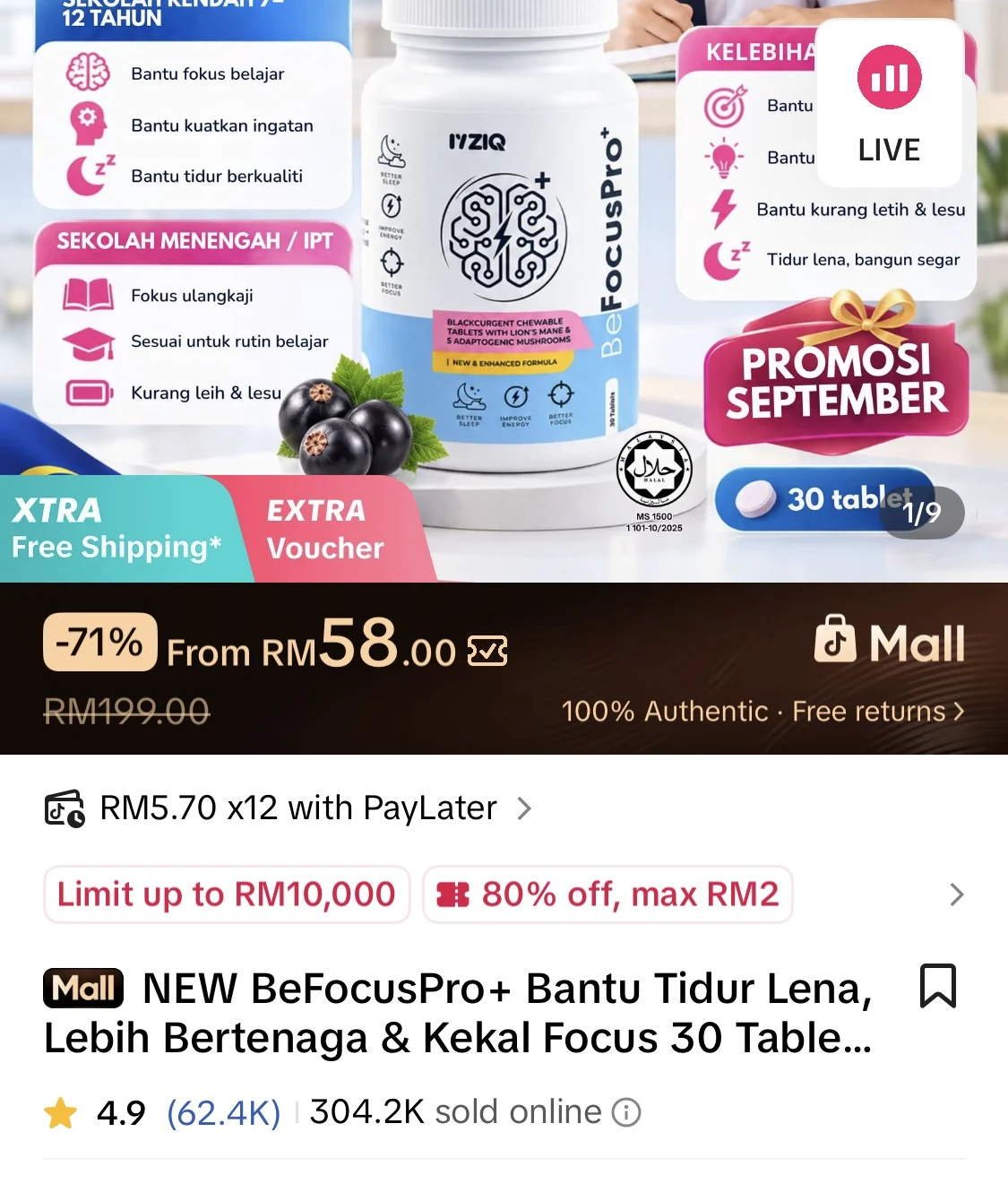 Tangkap layar TikTok Shop BeFocusPro+ dengan rating 4.9, 62.4K ulasan dan 304.2K terjual